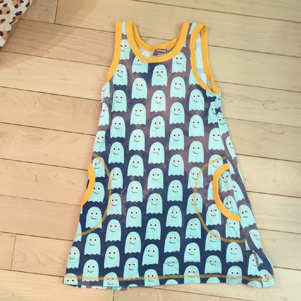 Maxomorra Kids Ghost Print Tank Dress with Yellow Trim - 6 Years Playwear